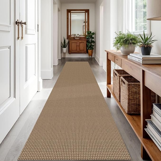 IOHOUZE Washable Runner Rug 2.6x12 Non Slip Rubber Backed Extra Long Hallway Runner Entryway Runner Indoor, Kitchen Rugs Woven Cotton Floor Carpet for Hall Stair, Orange/Tan/Brown