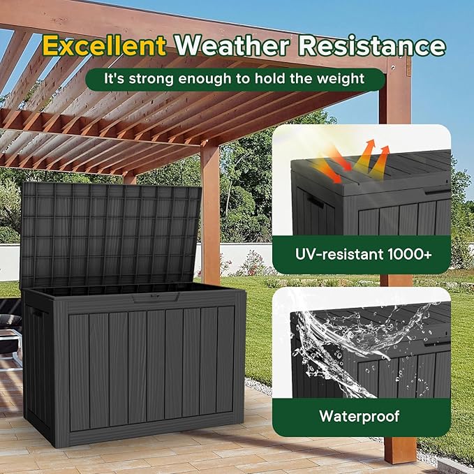 ROJIK Outdoor Storage Housing Deck Box - Waterproof Patio Furniture, Garden Tools, Cushions, Pool Accessories Storage Bench with Lockable Lid and Side Handles (Black 48 Gal)