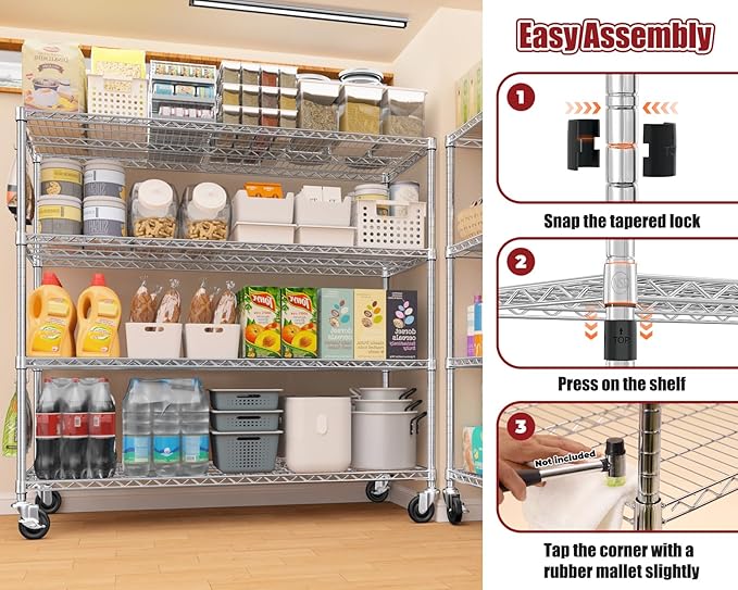 PrimeZone 4 Pack Storage Shelves 55.5"W x 24"D x 76"H 4 Tier with Wheels, Adjustable Wire Shelving Garage Heavy Duty Shelves Unit, Rolling Metal Organizer Shelf Utility Rack Warehouse, Pantry, Chrome