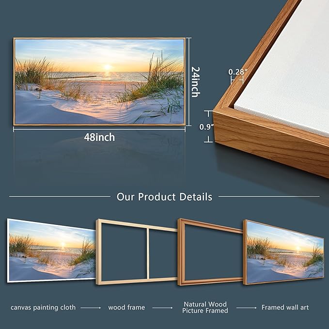 MHARTK66 Canvas Prints Wall Art For Living Room Modern Wall Decorations For Office Large Wood Framed Wall Decor For Bedroom Blue Ocean Canvas Pictures Sea Beach Landscape Wall Painting Artworks