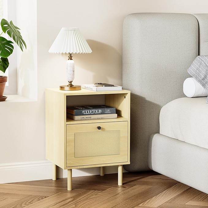 Rattan Nightstand with Storage Boho Modern Farmhouse Bedside Table with Drawer & Open Shelf Light Wood End Table for Bedroom, Living Room, Office, Dorm - Natural Walnut 0ak Color