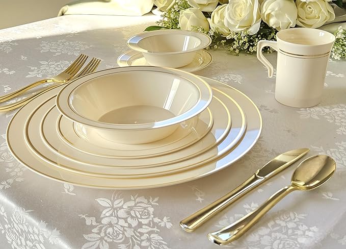 OCCASIONS 120 Bowls Pack, Heavyweight Disposable Wedding Party Plastic Bowls (14oz Soup Bowl, Ivory & Gold Rim)