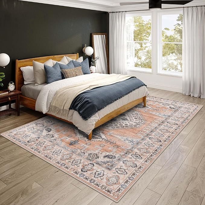vivorug 8x10 Area Rugs for Living Room, Non-Slip Backing Washable Rug 8x10, Large Area Rug Soft Carpet for Bedroom Dining Room, Vintage, Easy Clean, Durable, Low Pile Rug, Orange