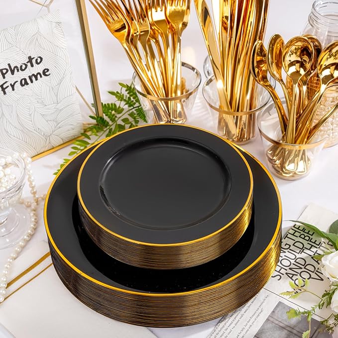 SUT 175 Piece Black and Glod Plastic Dinnerware Set for 25 Guests, Disposable Plastic Plates, Include: 25 Dinner Plates, 25 Dessert Plates, 25 Pre Rolled Napkins with Silver Silverware, 25 Cups