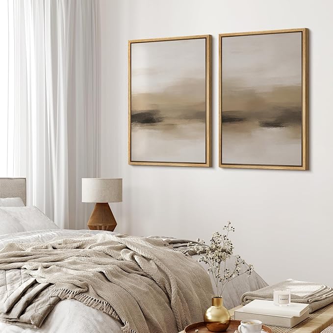 MUDECOR Framed Canvas Print Wall Art Abstract Neutral Beige Contemporary Minimalist Landscape Illustrations Modern Art Decorative Bohemian for Living Room, Bedroom, Office - 16"x24"x2 Natural