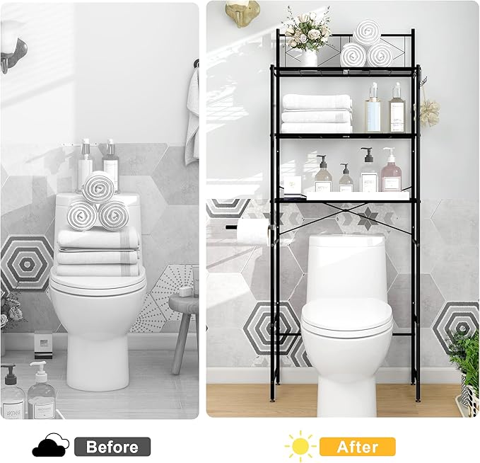 MallBoo Over The Toilet Storage Rack,Metal 3-Tier Over Toilet Organizer Shelf,Freestanding Above Toilet Shelf for Bathroom, Laundry(Black)