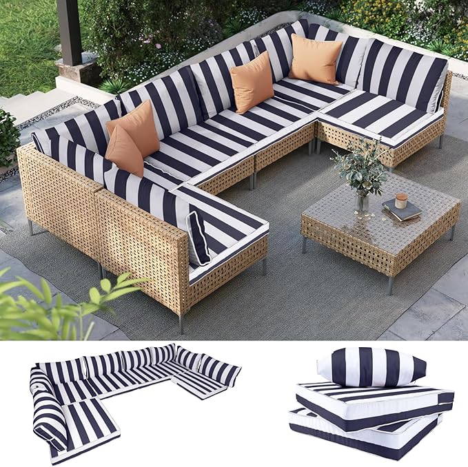 Outdoor Furniture Replacement Cushions, 14 Pcs Water-Resistant Replacement Sofa Cushion for Patio Garden Porch (Liner&Cover,Only Cushions No Sofa) (Navy Blue and White Stripes)