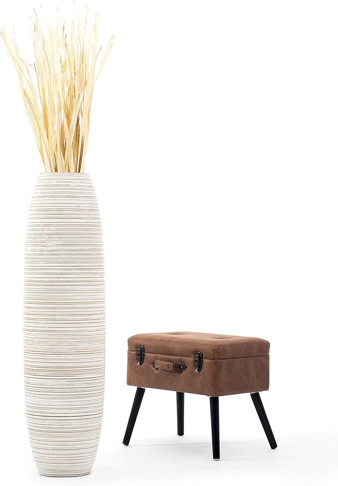 Leewadee Large White Wash Home Decor Floor Vase – Wooden 41 inches Tall Farmhouse Decor Flower Holder for Fake Plant and Pampas Grass