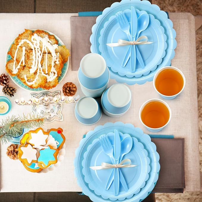 350 Pcs Baby Blue Plates and Napkins, 50 Guest Spring Party Supplies Include Scalloped Paper Plates Napkins Cups Plastic Spoons Forks Knives Disposable Tableware Set for Baby Shower