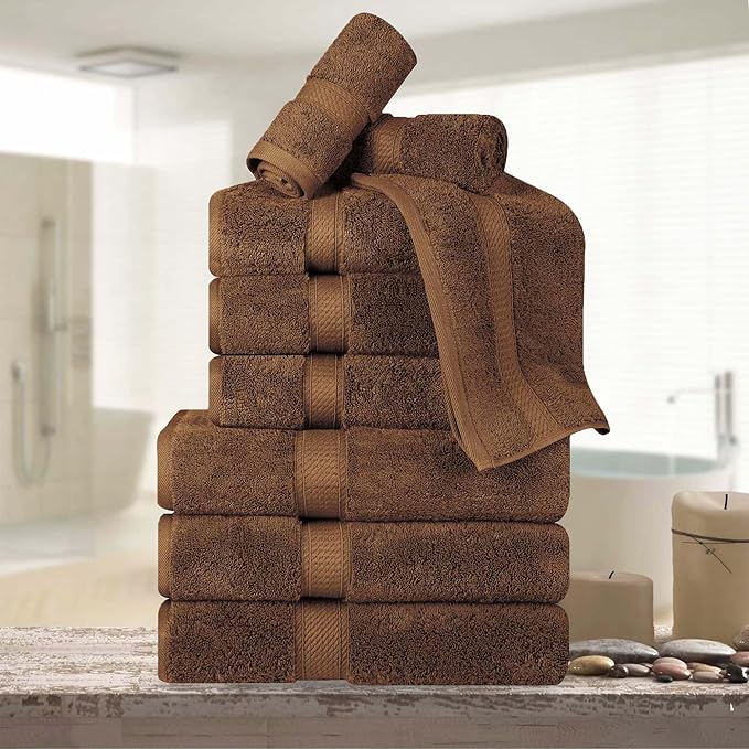 BNM Egyptian Cotton Heavyweight Towels, Ideal For Bathroom, Shower, Spa, Hotel, 800 GSM, Face/ Washcloths, Hand Towels, Bath Towels, Absorbent, Luxury Basics, 9 Piece Towel Set, Chocolate Dark Brown