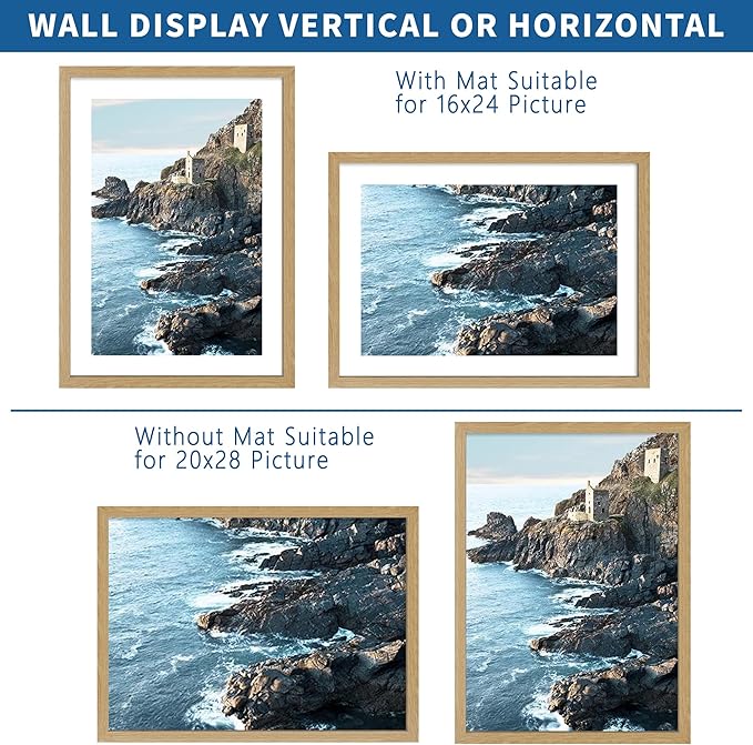 20x28 Picture Frame Set of 2, Natural Oak Wood Style - Display 16x24 Picture with Mat or 20 x 28 Poster without Mat, Wall Mounting Horizontal and Vertical