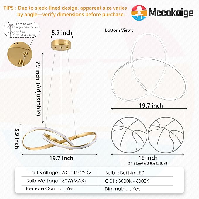 20" Gold Modern led Chandelier for Living Room,Irregular Ring Modern Pendant Lights Kitchen Island,Dimmable Remote Control H79 Adjustable led Pendant Light for Bedroom Dining Room Entryway