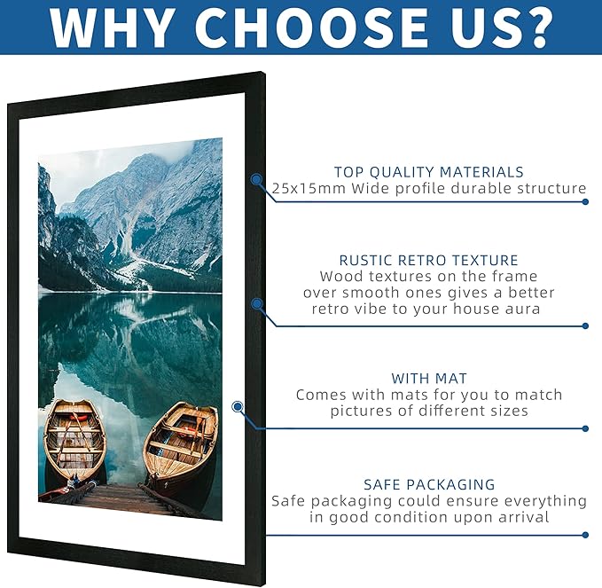 24x36 Poster Frame Set of 2, Rustic Black Wood Style - Display 24 x 36 Poster without Mat or 20x30 Picture with Mat, Wall Mounting Horizontal and Vertical