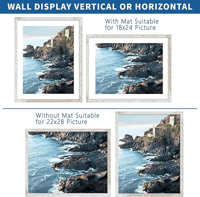 22x28 Frame Set of 2, Distressed White Wood Style - Display 18x24 Picture Frame with Mat or 22 x 28 Poster Frame without Mat, Wall Mounting Horizontal and Vertical