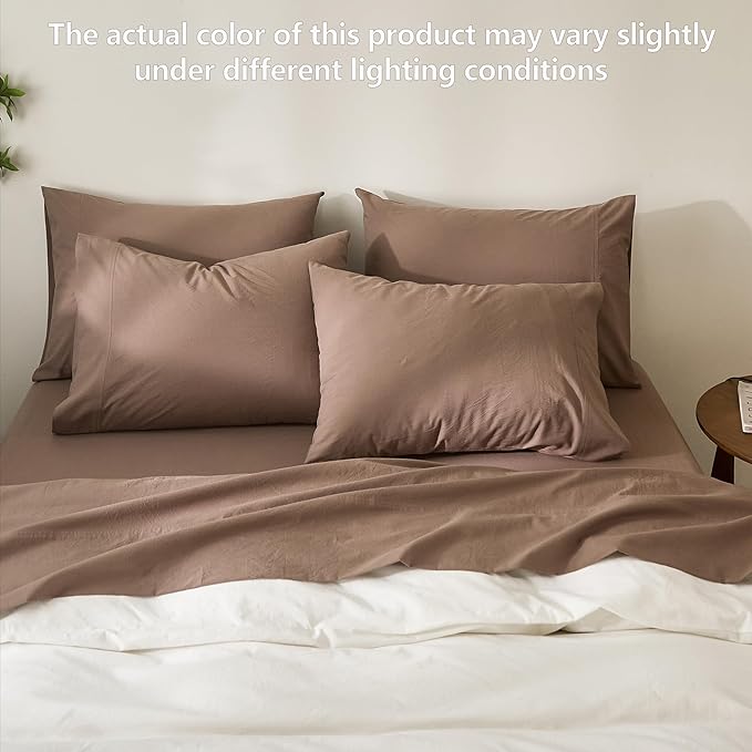 100% Cotton 6-Piece Queen Size 102" x 90" Bedding Set - Fitted Sheet, Flat Sheet & 4 Pillowcases with 17" Deep Pocket,Soft Breathable Bed Sheets for Cozy Sleep,Light Brown