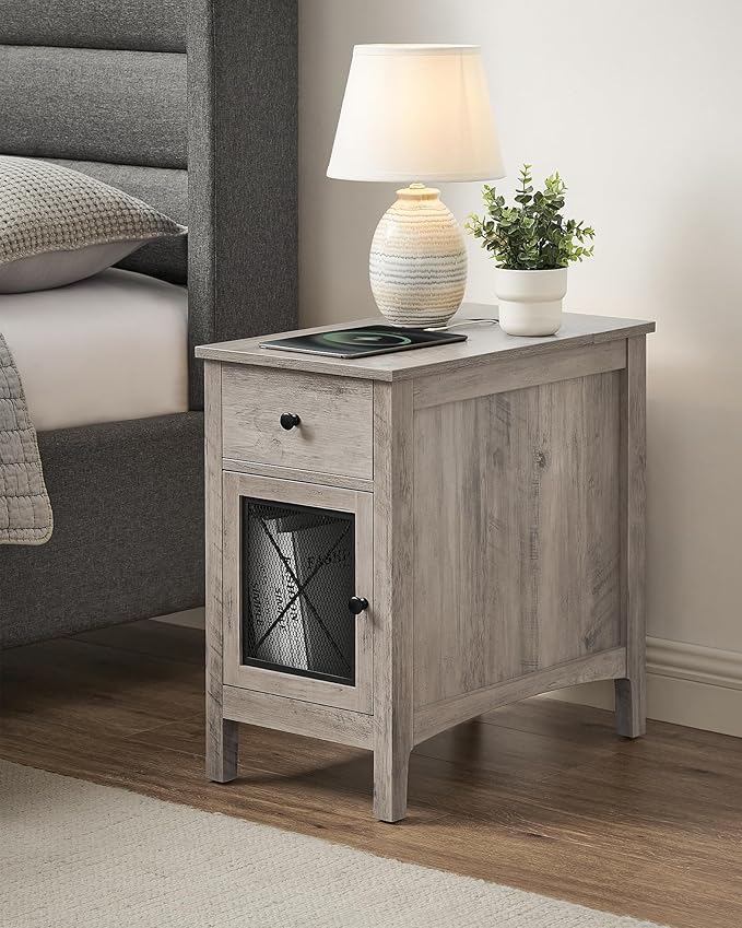 VASAGLE Side Table with Storage, End Table with USB Ports and Outlets, Nightstand with Charging Station, Drawer, Storage Cabinet, Magazine Rack, for Living Room, Bedroom, Greige ULET312T02