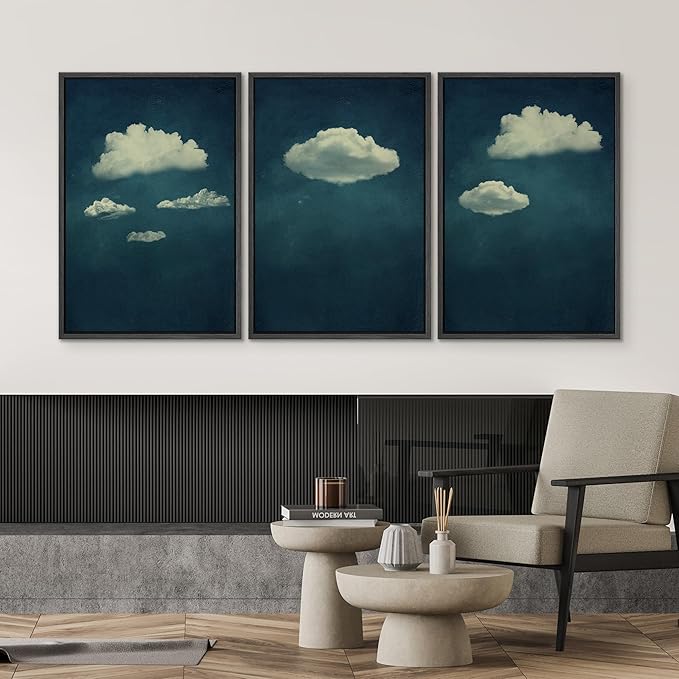 SIGNWIN 3 Piece Framed Canvas Wall Art A Series of White Clouds in The Blue Sky Nature Wilderness Illustrations Abstract Traditional Home Artwork Decoration for Living Room,Bedroom - 16"x24"x3 Black