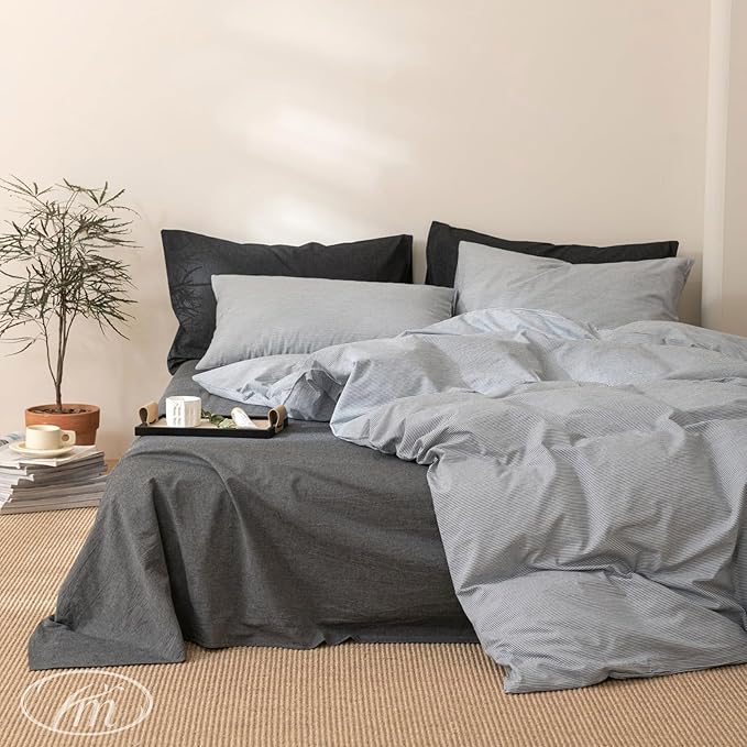VM VOUGEMARKET Pinstriped Duvet Cover Set Queen 100% Washed Cotton Bedding Set,Grey Ticking Stripes Pattern Duvet Cover with Zipper Closure (3pcs, Horizontal Stripes)