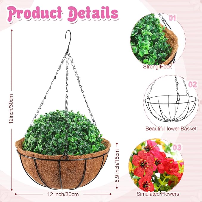 Lyrow 2 Pcs Artificial Hanging Flowers with Fake Basket Outdoor Realistic Hanging Plants with 12 Inch Coconut Lining Basket for Patio Lawn Garden Porch Decor (Mix)