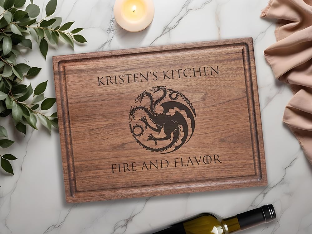 Straga Personalized Dragon Cutting Board - House Targaryen Gift - USA Made Handcrafted Wood Charcuterie-Housewarming, Anniversary, Birthday, Christmas Gift Idea 055