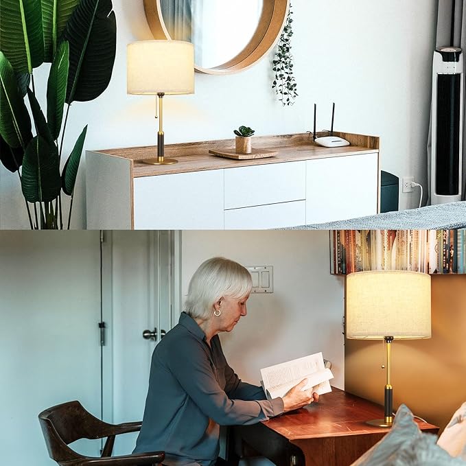 21" Modern Table Lamp Bedside Lamps for Bedroom Living Room Nightstand Lamp for End Tables 3-Color Temperatures Pull Chain Switch Wood Fabric for Home Office Desk Decor (Light Brown+Brass)