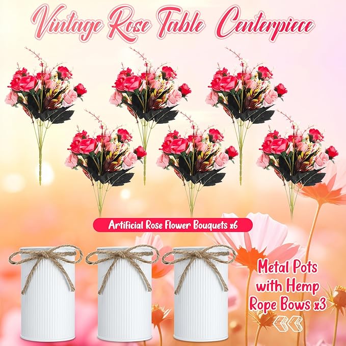 Domensi 3 Sets Wedding Centerpiece for Table Artificial Rose with Vase Fake Bouquets and Metal Pot Floral Arrangements for Holiday Party Event Table Decor (Rose Red)