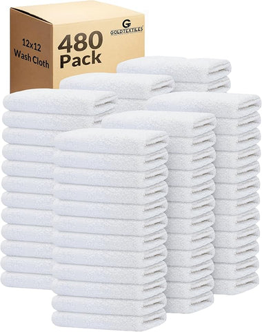 GOLD TEXTILES 480 Pack Economy White Washcloths Set (12x12 inches) - Cotton Blend Commercial Grade Cleaning Rags, Quick Drying & Soft Face Cloths, Fingertip Towels for Bathroom, Spa, Gym, and Kitchen