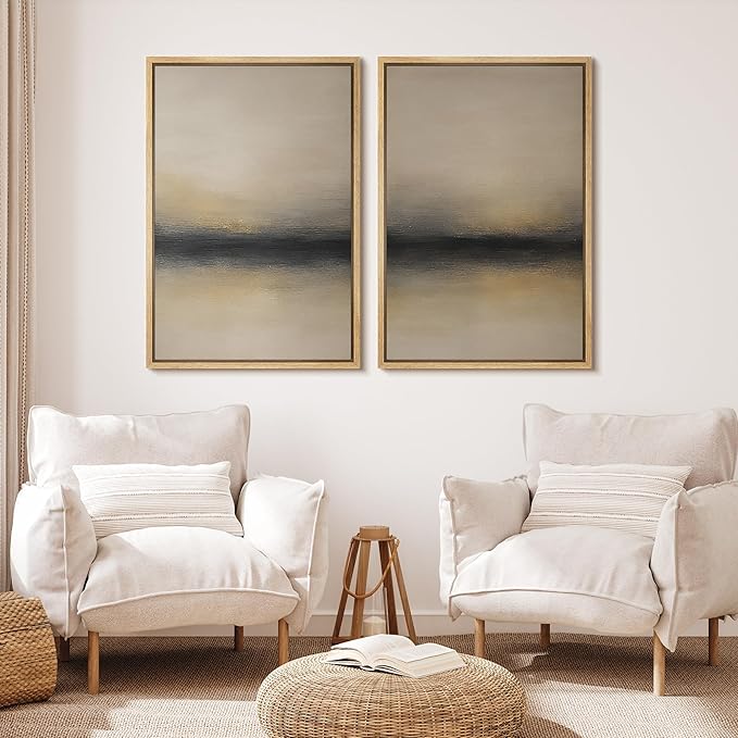 MUDECOR Framed Canvas Print Wall Art Abstract Sunset Horizon Modern Minimalist Beige and Black Illustrations Modern Art Decorative Bohemian for Living Room, Bedroom, Office - 16"x24"x2 Natural