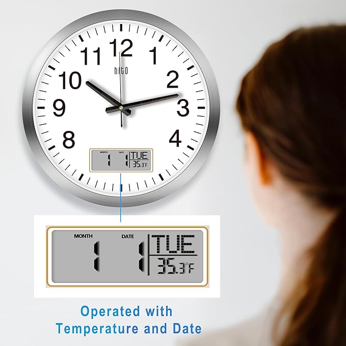HITO 16 Inch Silent Wall Clock Battery Operated with Temperature and Date, Large Wall Clock for Living Room Decor, Office, Classroom, Bedroom