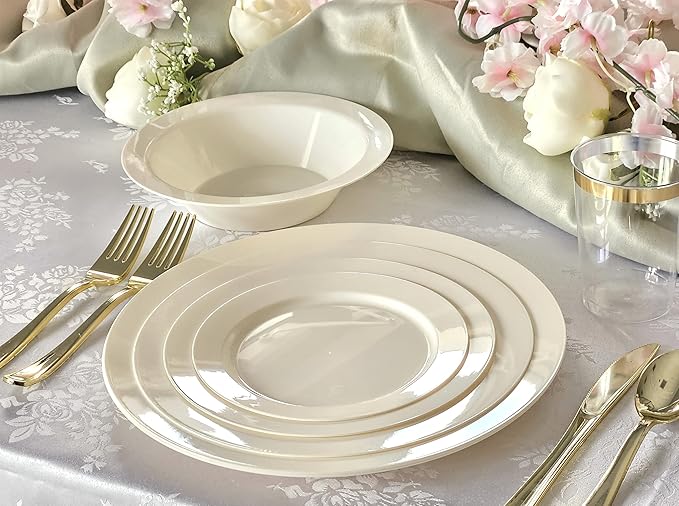 " OCCASIONS " 120 Plates Pack, Heavyweight Disposable Wedding Party Plastic Plates (10.5'' Dinner Plate, Plain Ivory)