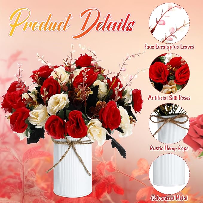 Domensi 3 Sets Wedding Centerpiece for Table Artificial Rose with Vase Fake Bouquets and Metal Pot Floral Arrangements for Holiday Party Event Table Decor (Red)