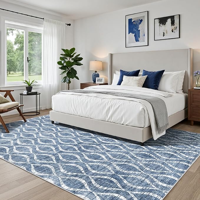 WITSHOCK Area Rugs 7x9: Washable Non-Slip Soft Geometric Low Pile Print Pattern Boho for Living Room Bedroom Dining Room, Large Thin Indoor Carpet for Nursery Playroom Decor, Kid & Pet Friendly, Blue