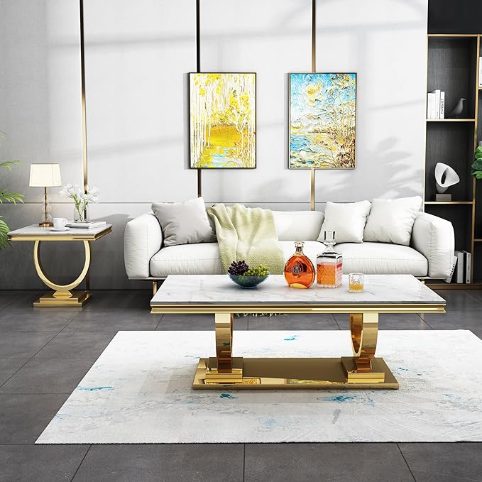 SSLine Rectangular Faux Marble Coffee Table for Living Room Modern Luxury White Marble Center Table with Gold Pedestal Base 46.8" Mid-Century Cocktail Table with Mirrored Stainless Steel Frame Legs