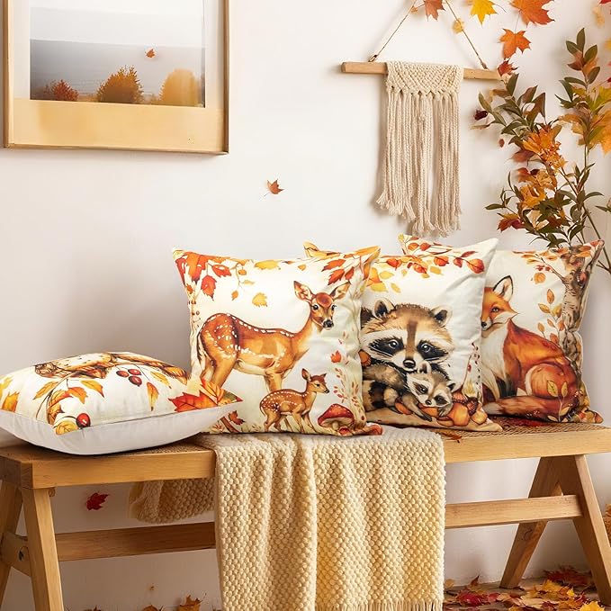 Animal Family Theme Fall Pillow Covers 20x20 Inch Set of 4, Burnt Orange Rust Decorative Autumn Thanksgiving Harvest Home Decor for Sofa Couch Living Room