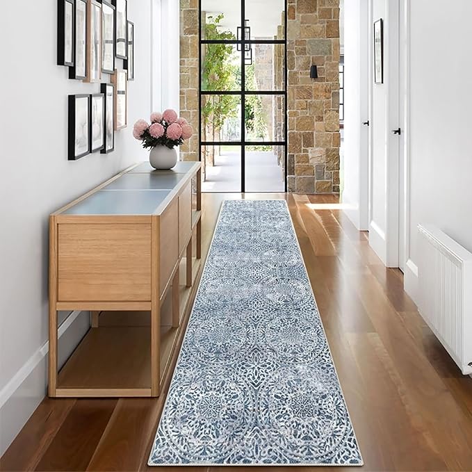 vivorug Blue Runner Rug 2x10 Machine Washable Rug with Non-Slip Backing, Ideal for Kitchen Hallway Entryway Laundry Room - Vintage, Durable, Easy Clean, Low Pile Carpet Runner
