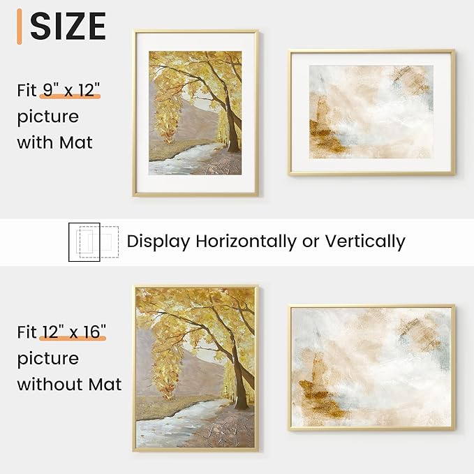 12x16 inch Metal Picture Frame - 12 x 16 Thin Aluminum Photo Frames with 9x12 Removable Mat - High Definition Plexiglass - Vertical and Horizontal Display - Wall Hook Hanging Hardware Included - Gold, Set of 1