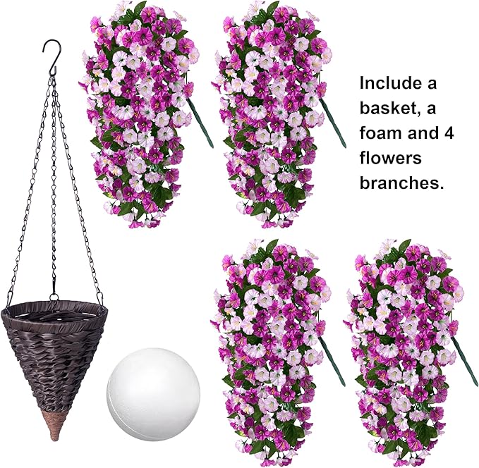 Artificial Fake Flowers Plants Hanging Baskets Outdoor Outside Spring Decor, Faux Silk Light Fuchsia and Fuchsia UV Resistant Look Real Morning Glory Home Patio Porch Balcony Decoration