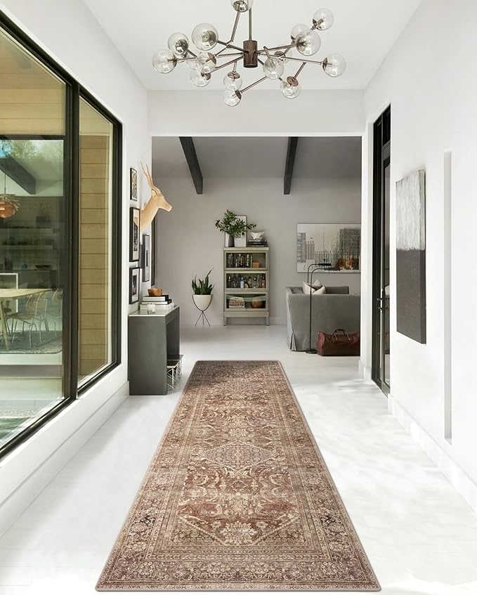 vivorug Runner Rug 2x10 Machine Washable Rug with Non-Slip Backing, Ideal for Kitchen Hallway Entryway Laundry Room - Vintage, Durable, Easy Clean, Low Pile Carpet Runner Earth Tone