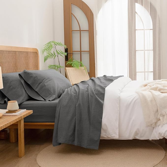 BESTOUCH Sheet Set 100% Washed Cotton Linen Feel Super Soft Comfortable Chic Lightweight 4 Pcs Home Bedding Set Solid Dark Grey Queen