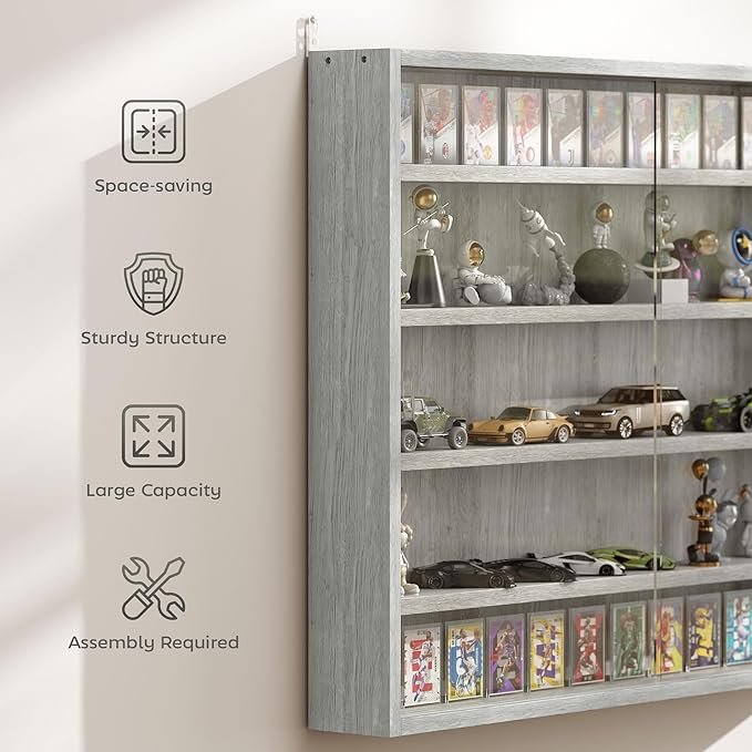 HOMCOM 5-Tier Display Cabinet, Glass Door Cabinet with Adjustable Shelves, Wall-Mounted Display Case for Playroom, Bedroom, Gray