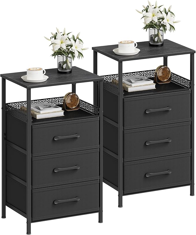 Night Stand Set of 2, Nightstands with 3 Fabric Drawers, Side Table with Open Storage Shelf, Security Metal Mesh, Bedside Tables for Bedroom, Living Room, Small Spaces, Black