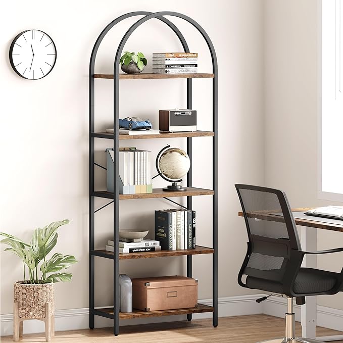 IDEALHOUSE Bookshelf 5 Tier Bookcase Arched Display Racks Tall Standing Bookshelves Metal Frame Modern Storage Rack Shelf Large Wood Book Shelf for Bedroom, Living Room, Home Office