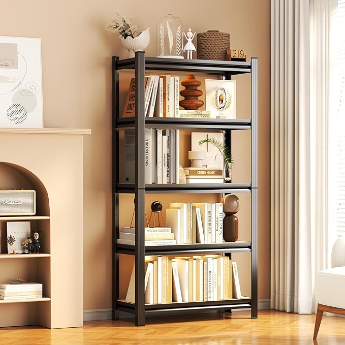 Tall Bookshelf with Open Shelves, Metal and Wood Office Book Shelf, Adjustable Organizer Bookcase, Standing Storage Organizer Shelf for Living Room (29.5" W*11.8" D*57.5" H)