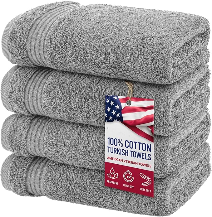 American Veteran Towel, Hand Towels for Bathroom Set of 4, 100% Cotton Turkish Hand Towel Sets Clearance Prime, Soft Hand Face Towels, Light Grey Hand Towels