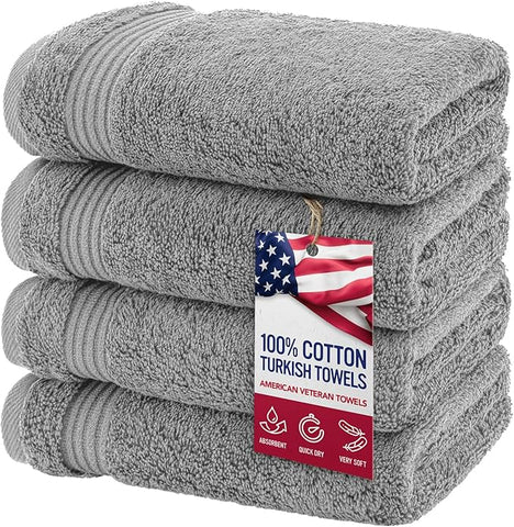 American Veteran Towel, Hand Towels for Bathroom Set of 4, 100% Cotton Turkish Hand Towel Sets Clearance Prime, Soft Hand Face Towels, Light Grey Hand Towels