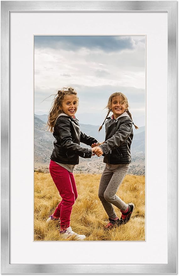 11x22 Frame with Mat - Silver 13x24 Frame Wood Made to Display Print or Poster Measuring 11 x 22 Inches with White Photo Mat