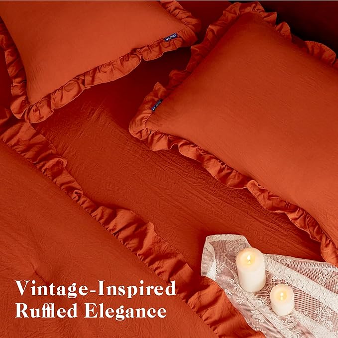 MR&HM Ruffle Comforter Set, Queen Bedding Set 7 Pieces Terracotta, Farmhouse Shabby Chic Bed Set, Boho Bed in a Bag with 1 Comforter, 1 Flat Sheet, 1 Fitted Sheet, 2 Pillowcases & 2 Pillow Shams