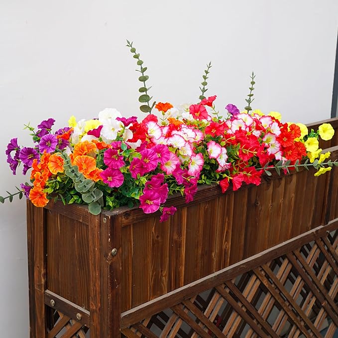 Artificial Outdoor Flowers Fake Plants for Spring Summer Decoration 20 Bundles Silk Morning Glory + 6 Eucalyptus Stems UV Resistant Colorful Faux Flowers for Outside Planter Porch Yard Patio Balcony