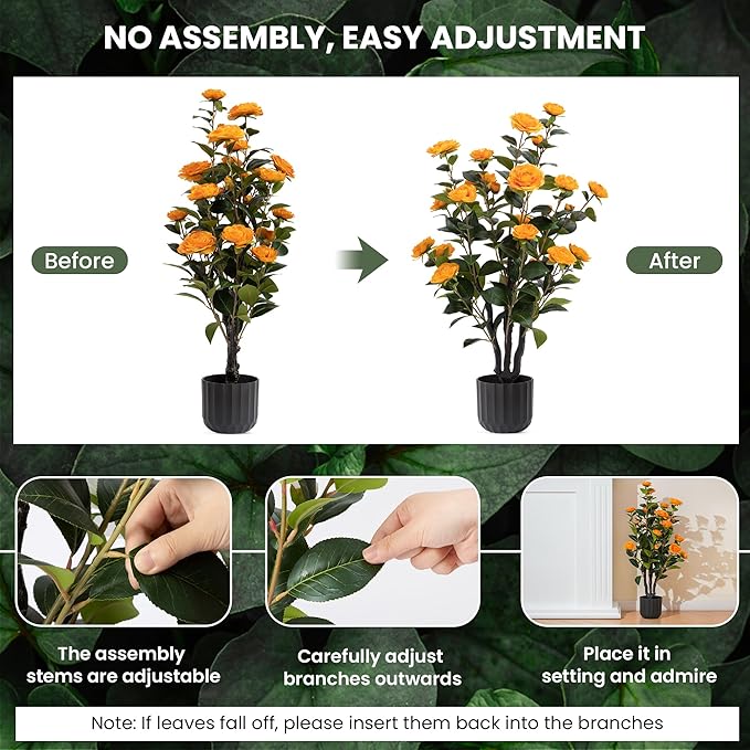 3.2FT Artificial Camellia Trees, Orange Silk Flowers, Indoor Faux Plants with Realistic Trunk in Black Cement Pot for Home House Living Room Bedroom Office Decor, 2pcs