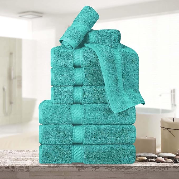 BNM Egyptian Cotton Heavyweight Towels, Ideal For Bathroom, Shower, Spa, Hotel, 800 GSM, Face/ Washcloths, Hand Towels, Bath Towels, Highly-Absorbent, Luxury Home Basics, 9 Piece Towel Set, Turquoise